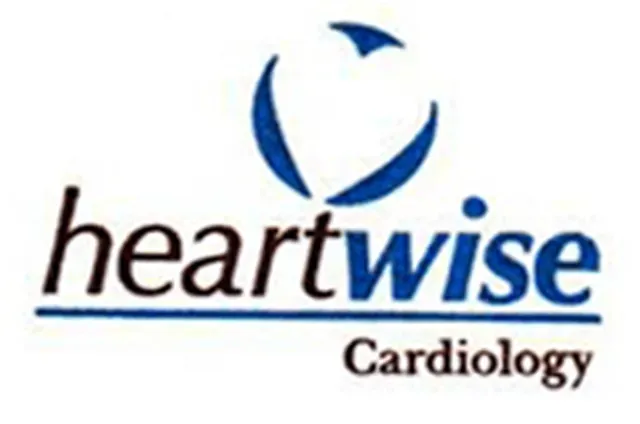 The image shows a logo with text that reads HEARTWISE above a stylized heart symbol, followed by CARDIOLOGY.
